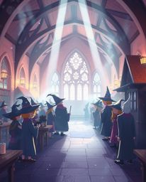 A captivating illustration depicts a magical school brimming with young wizards. Rendered in soft pastel colors and enhanced 
