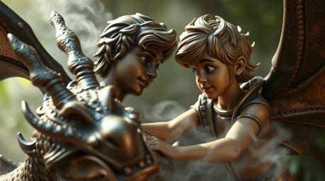 This cast bronze sculpture captures a soft, dreamy atmosphere depicting a charming prince locked in an epic battle with a fea