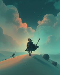 Embark on a fantastical desert adventure with a brave, Disney-style hero. This surreal image features a soft, dreamy atmosphe
