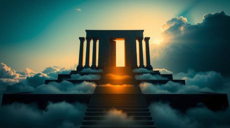A stunning architectural photograph captures a heavenly gate in intense jet black, dramatically contrasted against bright clo
