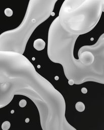 This artwork features a classic black and white 3D render showcasing timeless and elegant fluid organic blobs made of translu