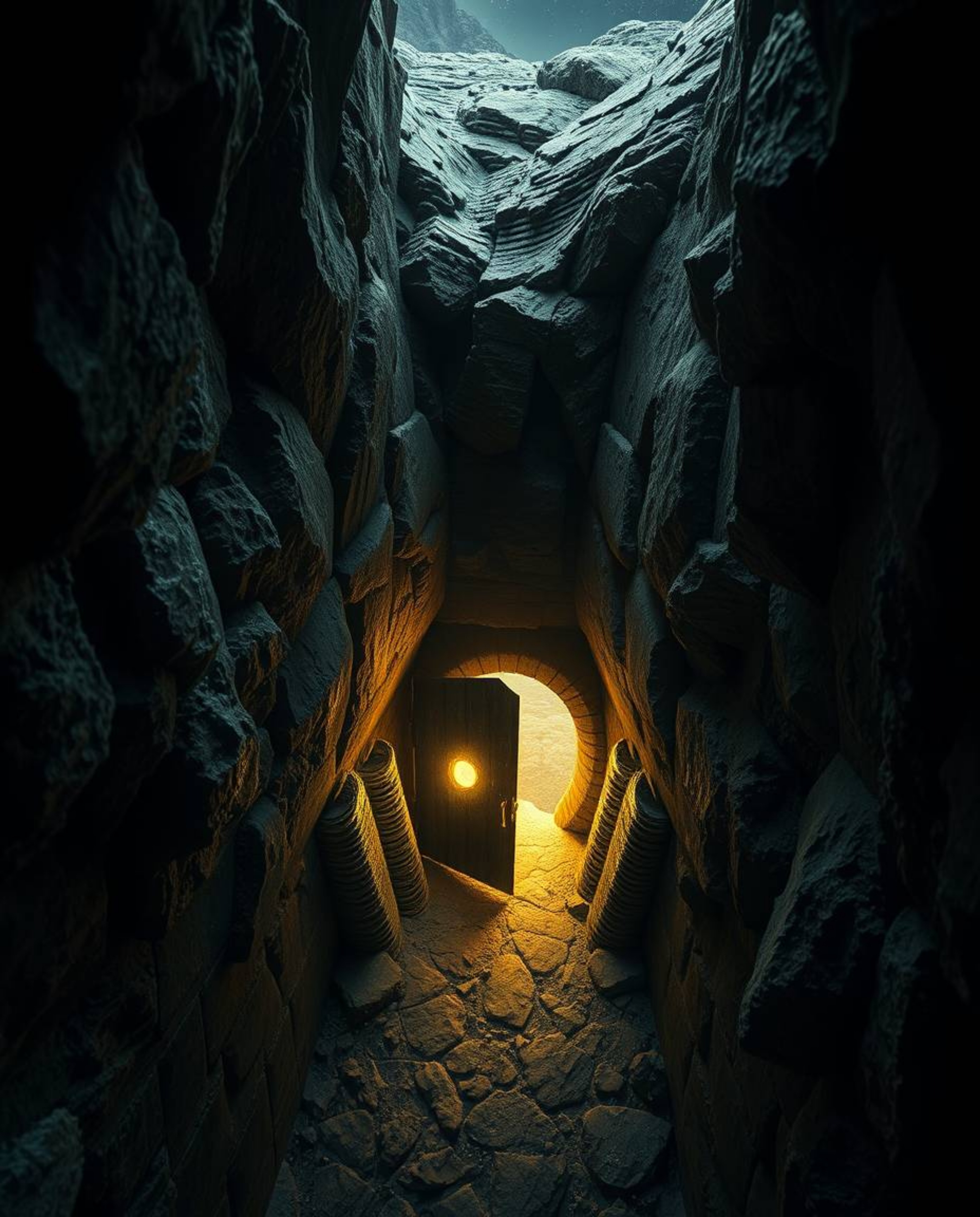 An overhead perspective captures an ancient stone doorway, intensely lit to highlight ethereal runes carved into the side of 