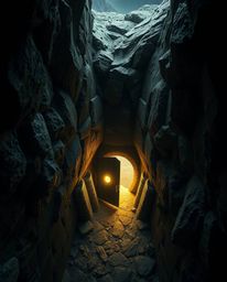 An overhead perspective captures an ancient stone doorway, intensely lit to highlight ethereal runes carved into the side of 