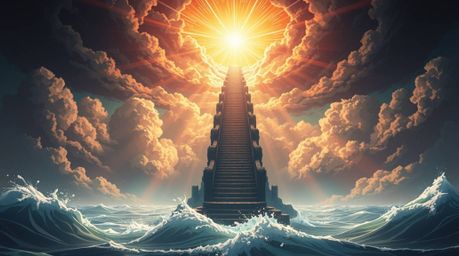 Experience an epic anime-style illustration showcasing a dramatic ocean staircase ascending into a massive, stormy sky, illum