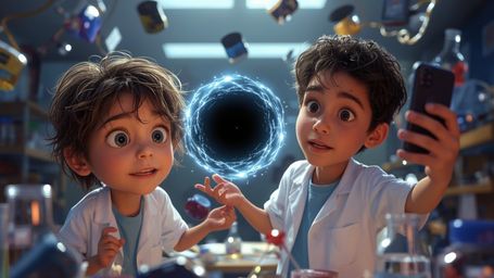 In a vibrant, cinematic photograph reminiscent of Pixar's stylization, a dynamic science fair duo is captured amidst a chaoti