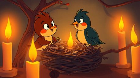 An enchanting illustration depicts two cartoon birds diligently constructing a nest, rendered in a classic animation style re