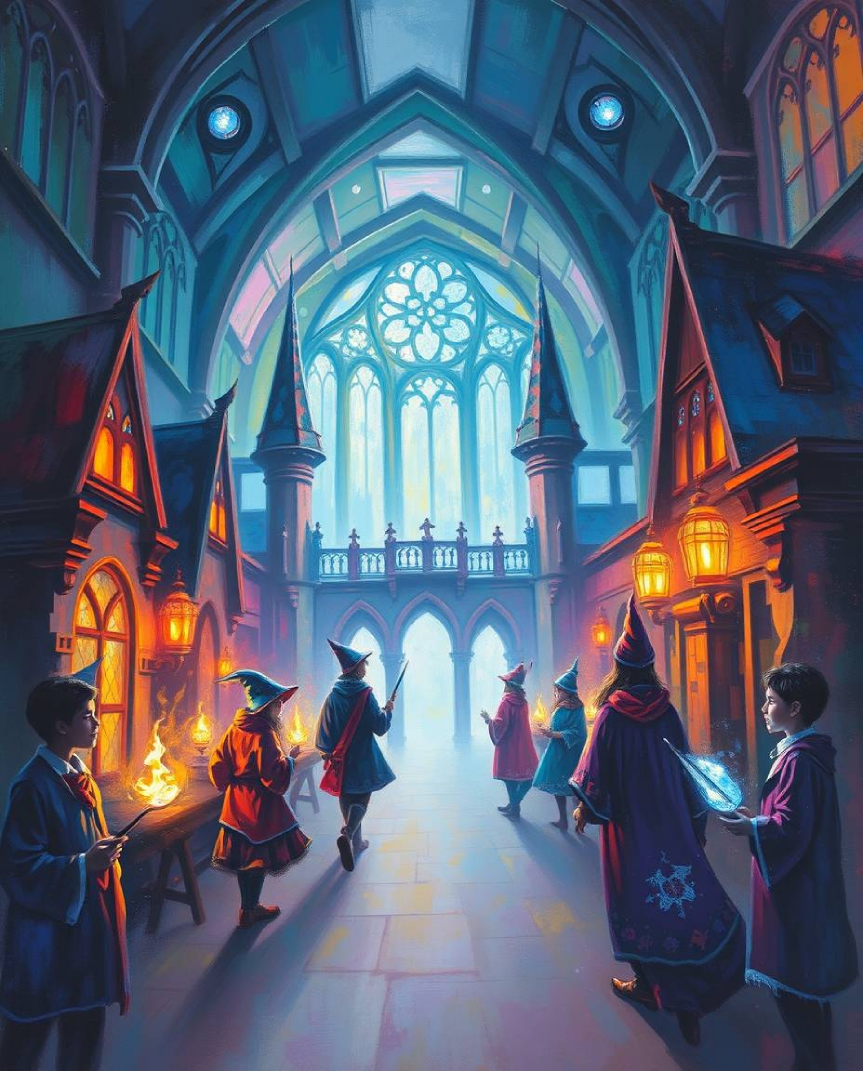 Discover an ethereal acrylic painting depicting a magical school brimming with young wizards.  Bold, vibrant colors and textu