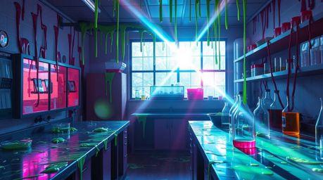 Immerse yourself in a slime-covered science lab brought to life with vibrant complementary colors and a dazzling lens flare e