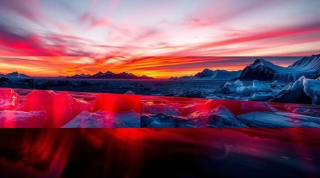A captivating split-screen artwork showcases a vibrant sunset over majestic icy glaciers.  The piece features artistic lighti