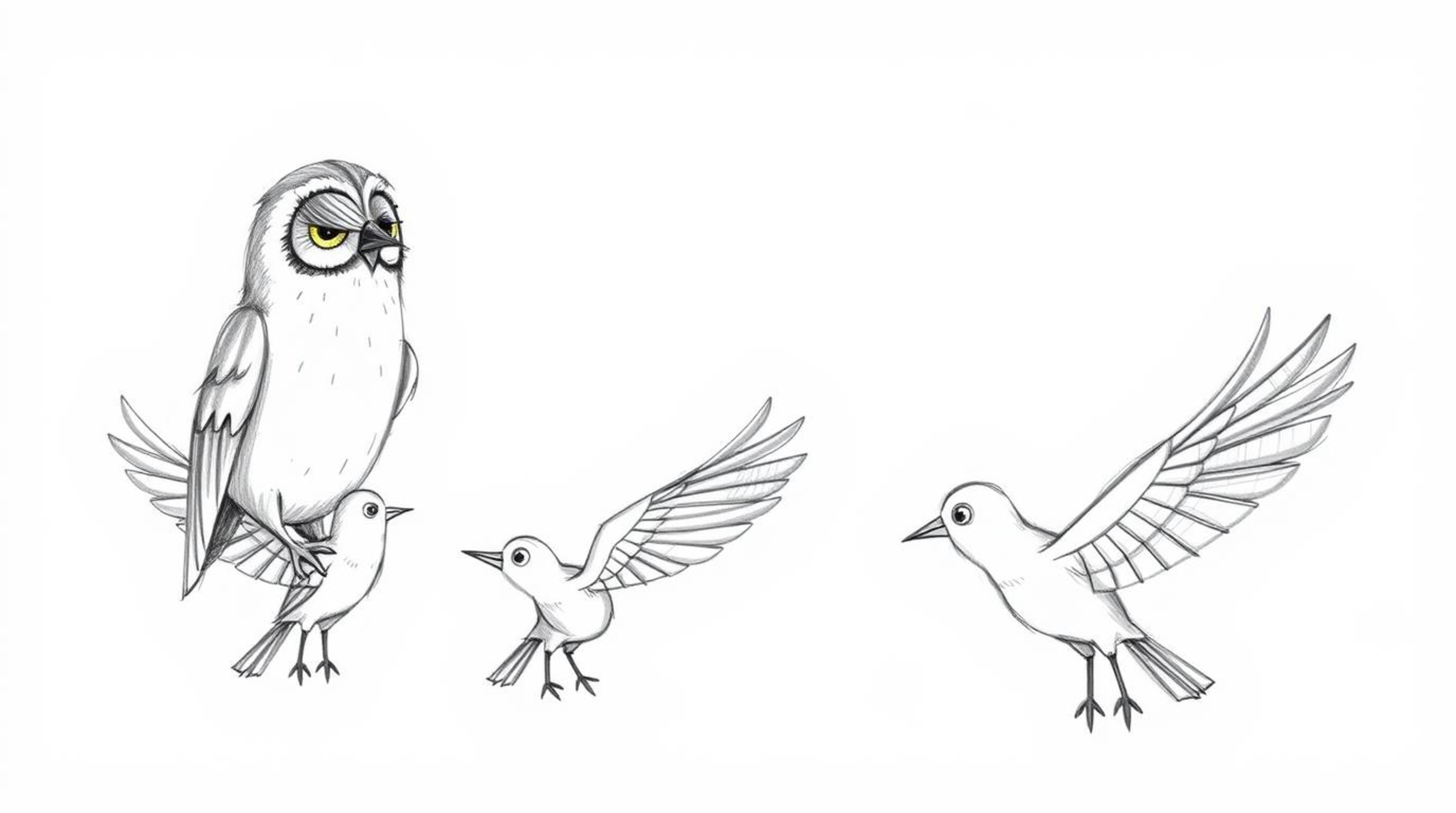 A heartwarming hand-drawn sketch in the style of Pixar animation depicts a blind owl patiently guiding birds in learning to f