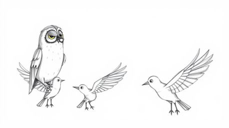 A heartwarming hand-drawn sketch in the style of Pixar animation depicts a blind owl patiently guiding birds in learning to f