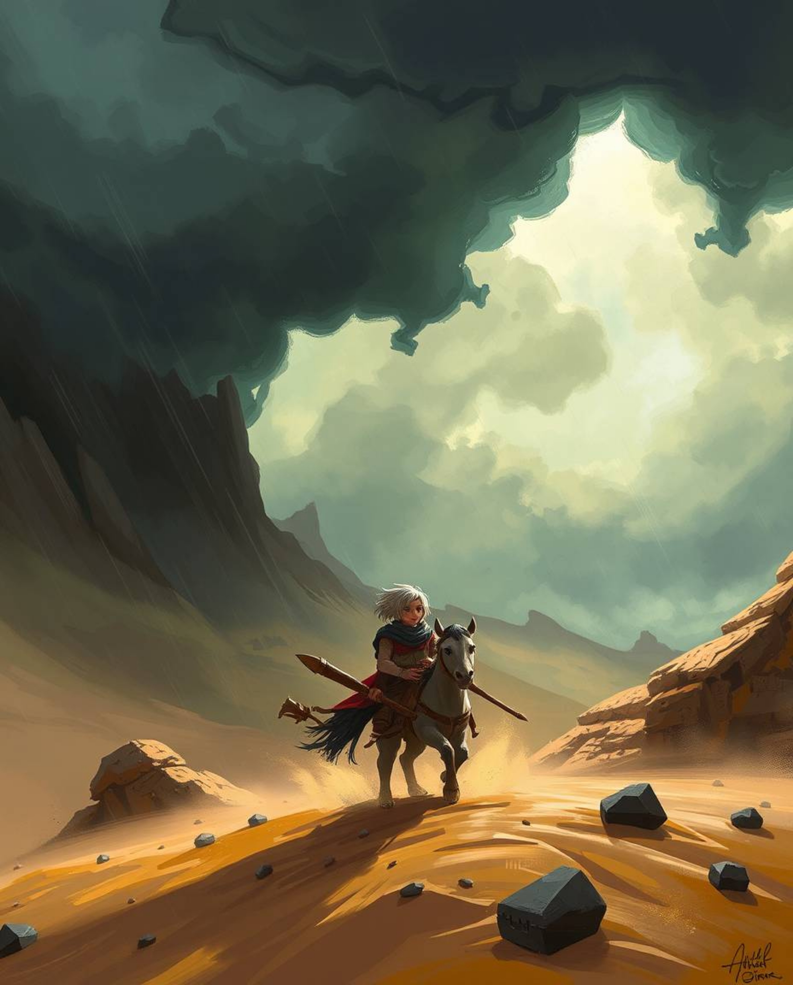 A captivating digital painting showcases a brave hero embarking on a Disney-style desert adventure. The scene is dramaticall