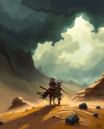 A captivating digital painting showcases a brave hero embarking on a Disney-style desert adventure.  The scene is dramaticall