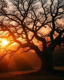 A dreamlike, ethereal sunset scene unfolds with an old oak tree, its twisted branches silhouetted against warm autumn colors.