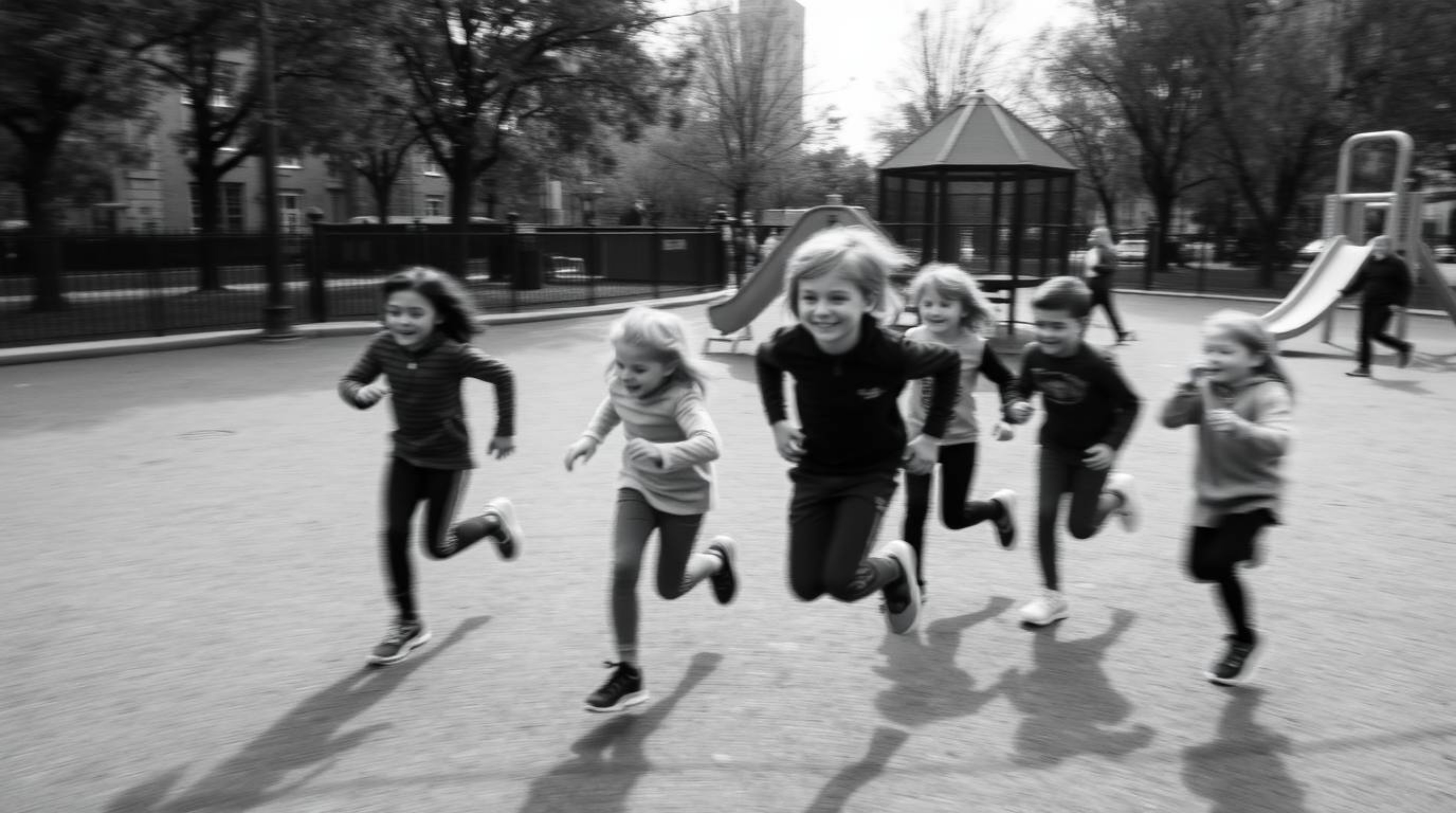 Experience the dramatic beauty of a slow-motion run through a playground captured in a candid, classic black and white street