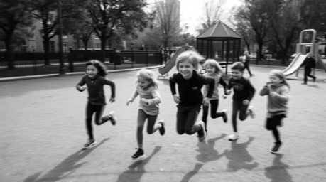 Experience the dramatic beauty of a slow-motion run through a playground captured in a candid, classic black and white street