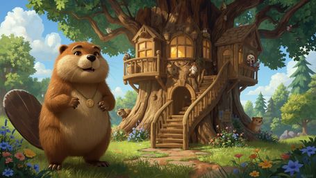 A highly detailed, high-resolution stock photo captures a proud, anthropomorphized beaver with warm, fluffy fur, standing on