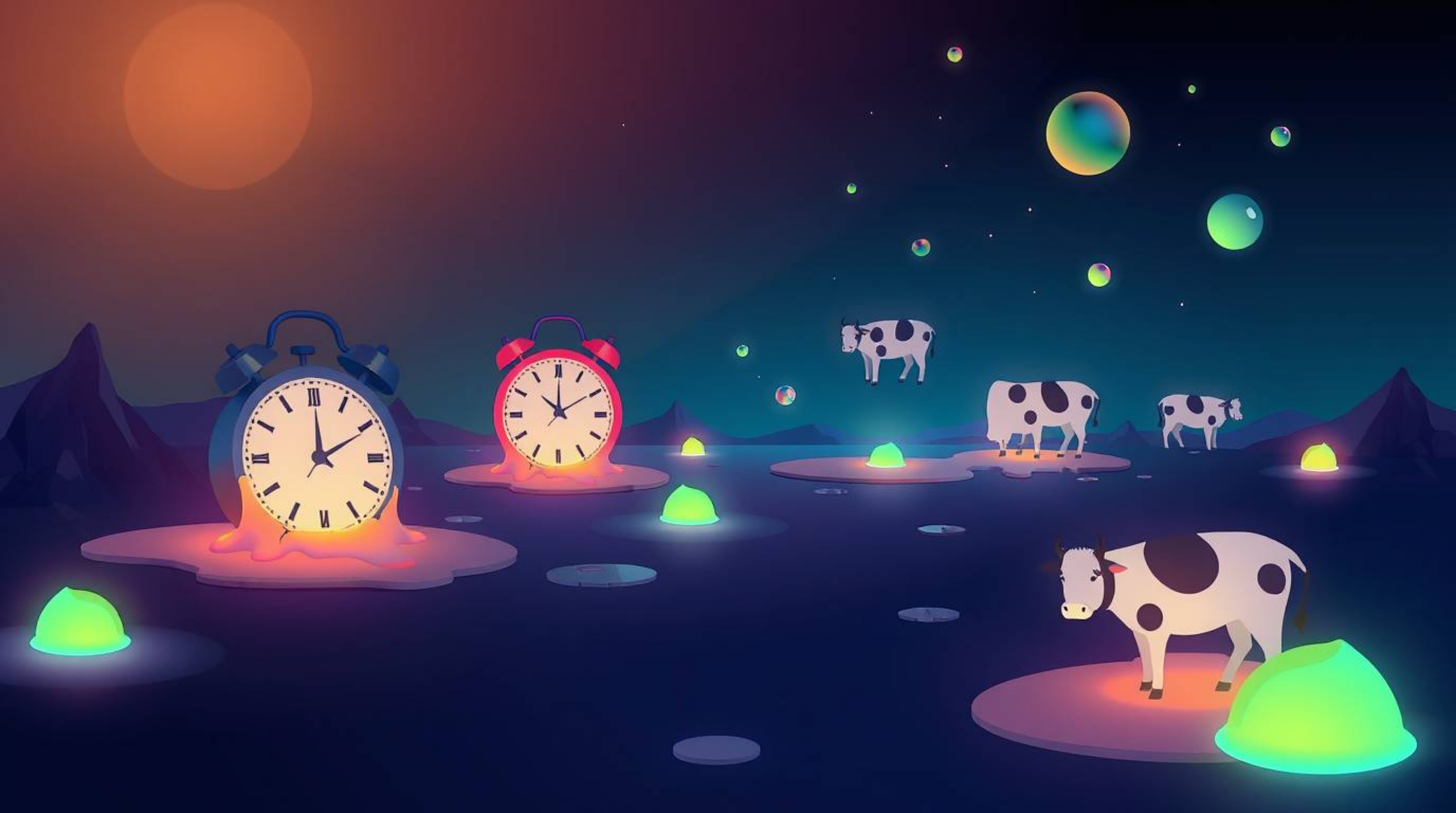 Explore a surreal dreamscape featuring melting clocks and floating cows, rendered in a modern flat design aesthetic. This cap