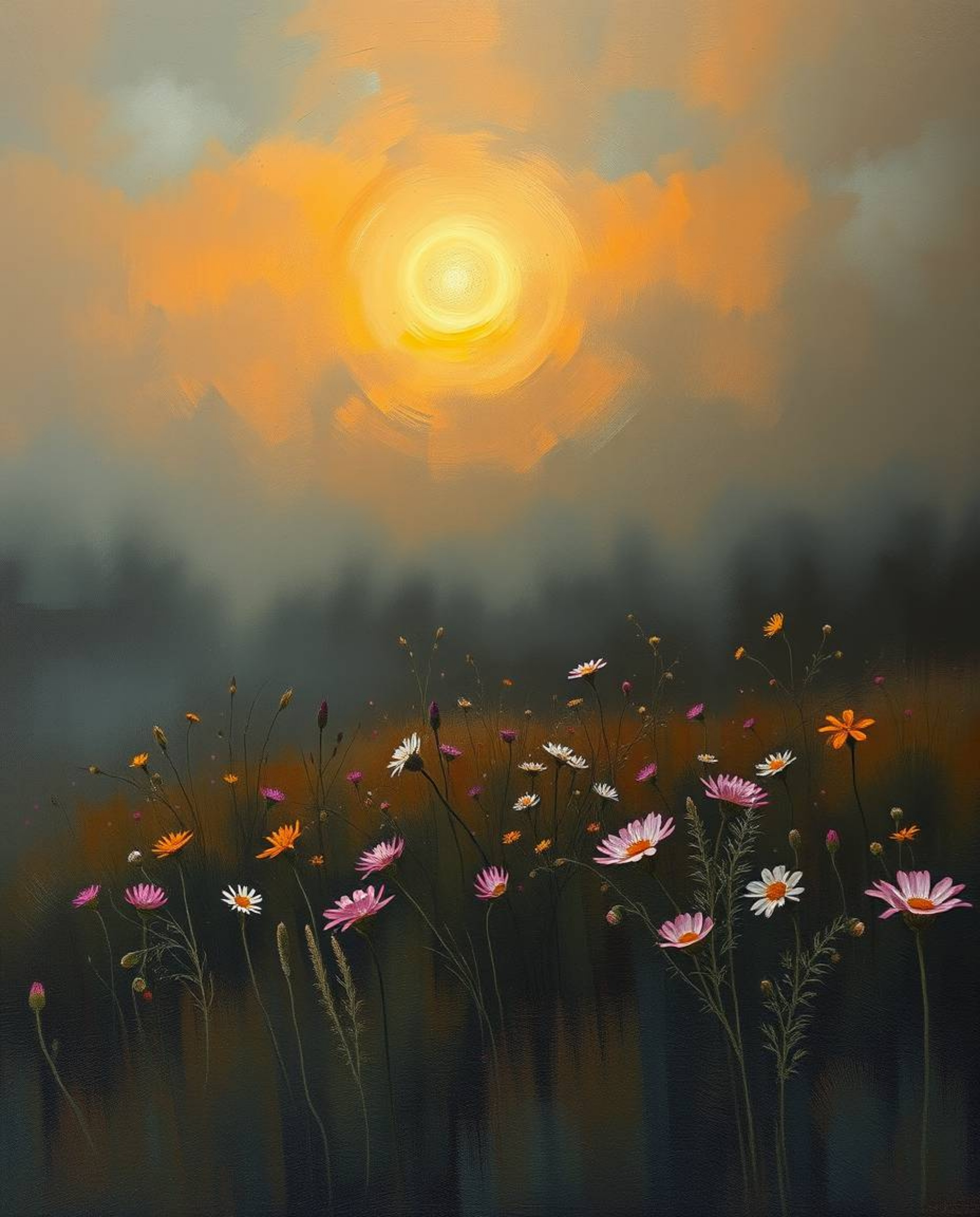 This classic oil painting captures an eerie sunset over a spring wildflower meadow, enveloped in a soft cinematic haze. The a