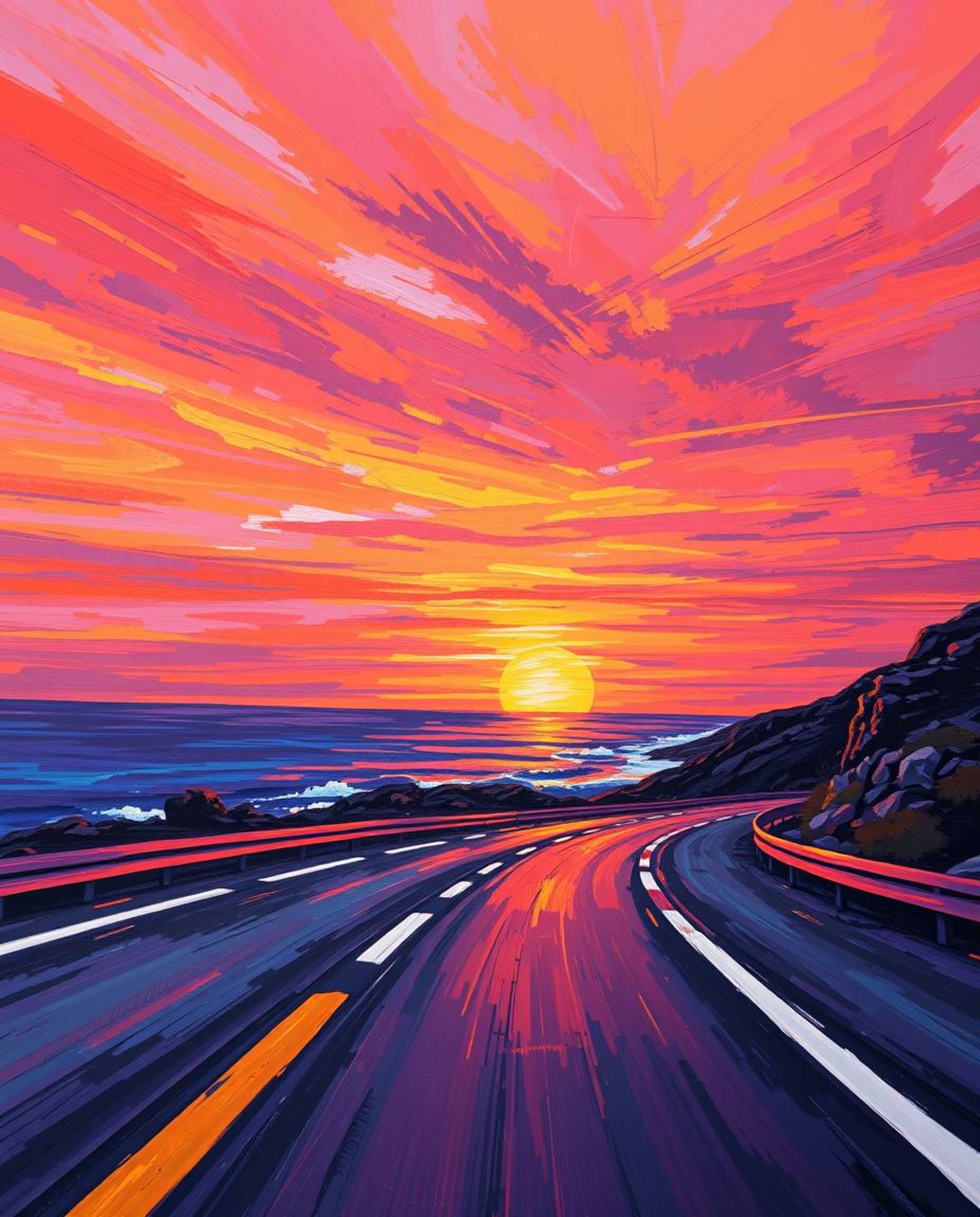 This bold acrylic painting features a tight close-up shot of a sunset sky over a winding coastal highway. The artwork is aliv
