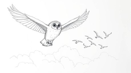 A heartwarming hand-drawn sketch, reminiscent of Pixar's style, depicts a blind owl with incredibly soft, feathery details gr