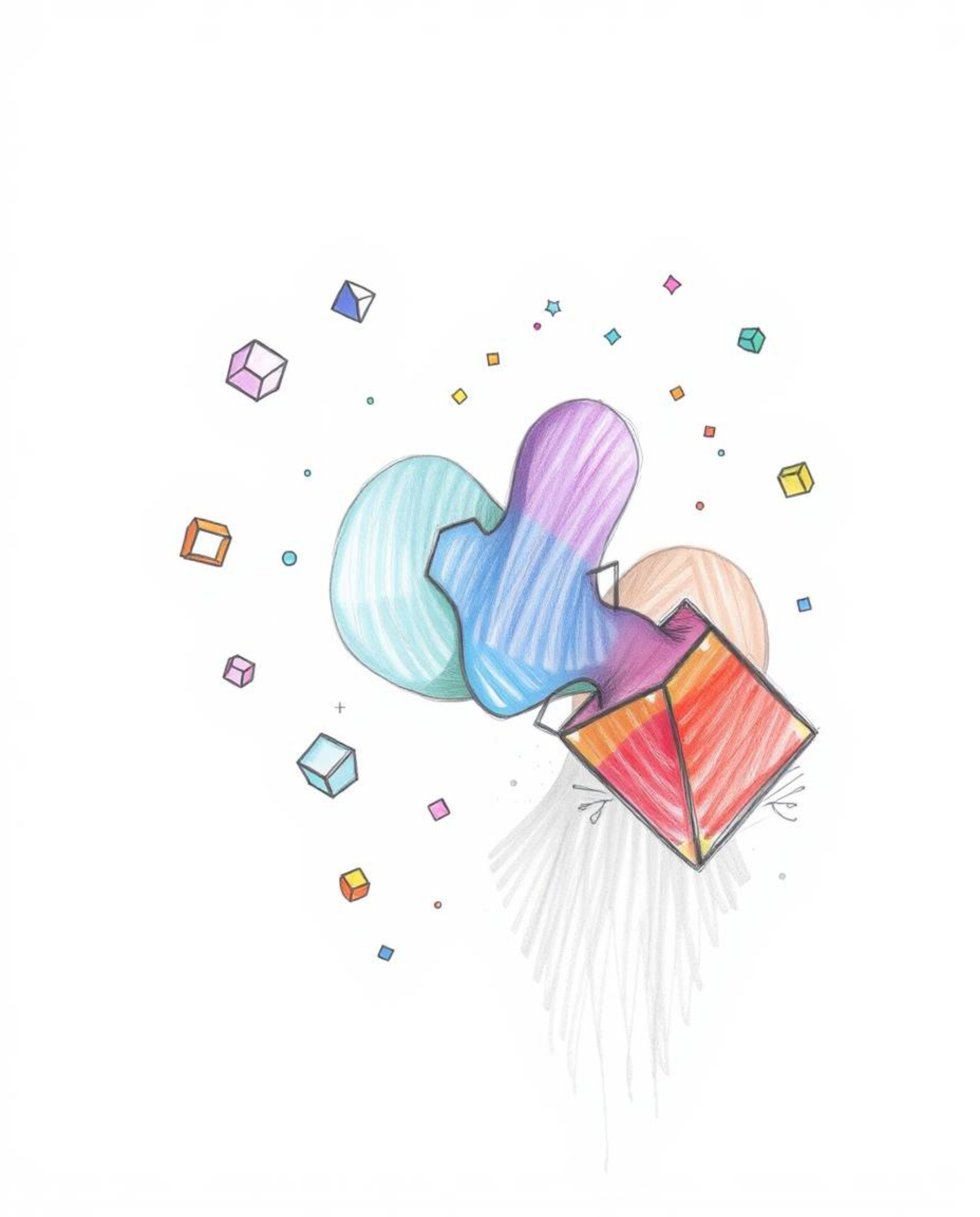 A hand-drawn sketch capturing colorful 3D fluid shapes interacting with geometric forms in thick fog. The artwork utilizes th