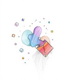 A hand-drawn sketch capturing colorful 3D fluid shapes interacting with geometric forms in thick fog. The artwork utilizes th