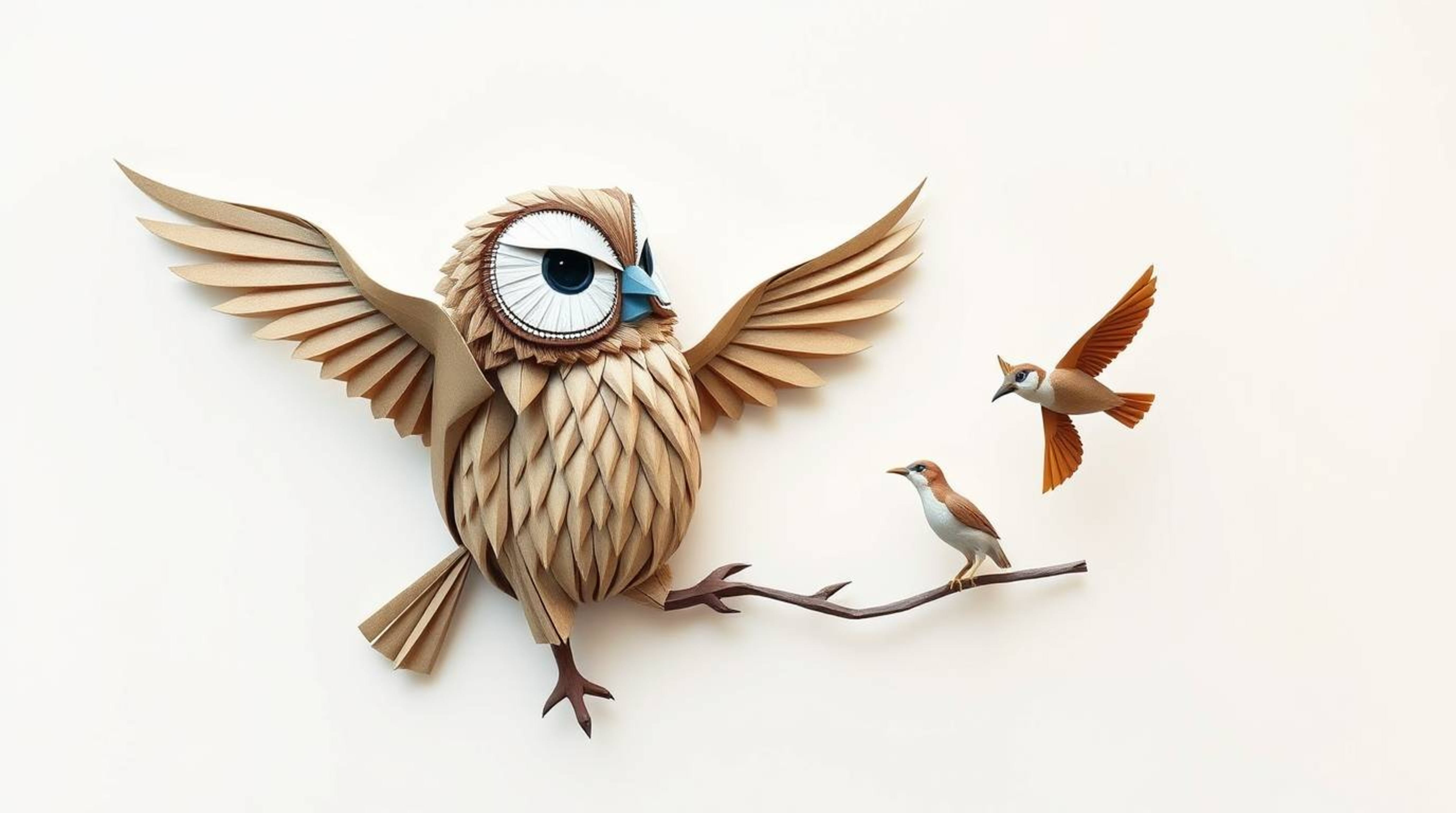 An intricate origami-style illustration depicts a blind owl, reminiscent of Pixar's animation style, meticulously folded to r