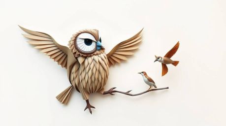 An intricate origami-style illustration depicts a blind owl, reminiscent of Pixar's animation style, meticulously folded to r