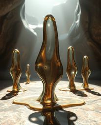 Explore hyperrealistic sci-fi environments featuring surreal 3D fluid shapes reminiscent of melted glass, rendered in cast br