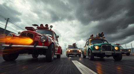 Experience the thrill of a wacky racing scene from a dramatic low angle perspective, showcasing outlandish cars battling thro