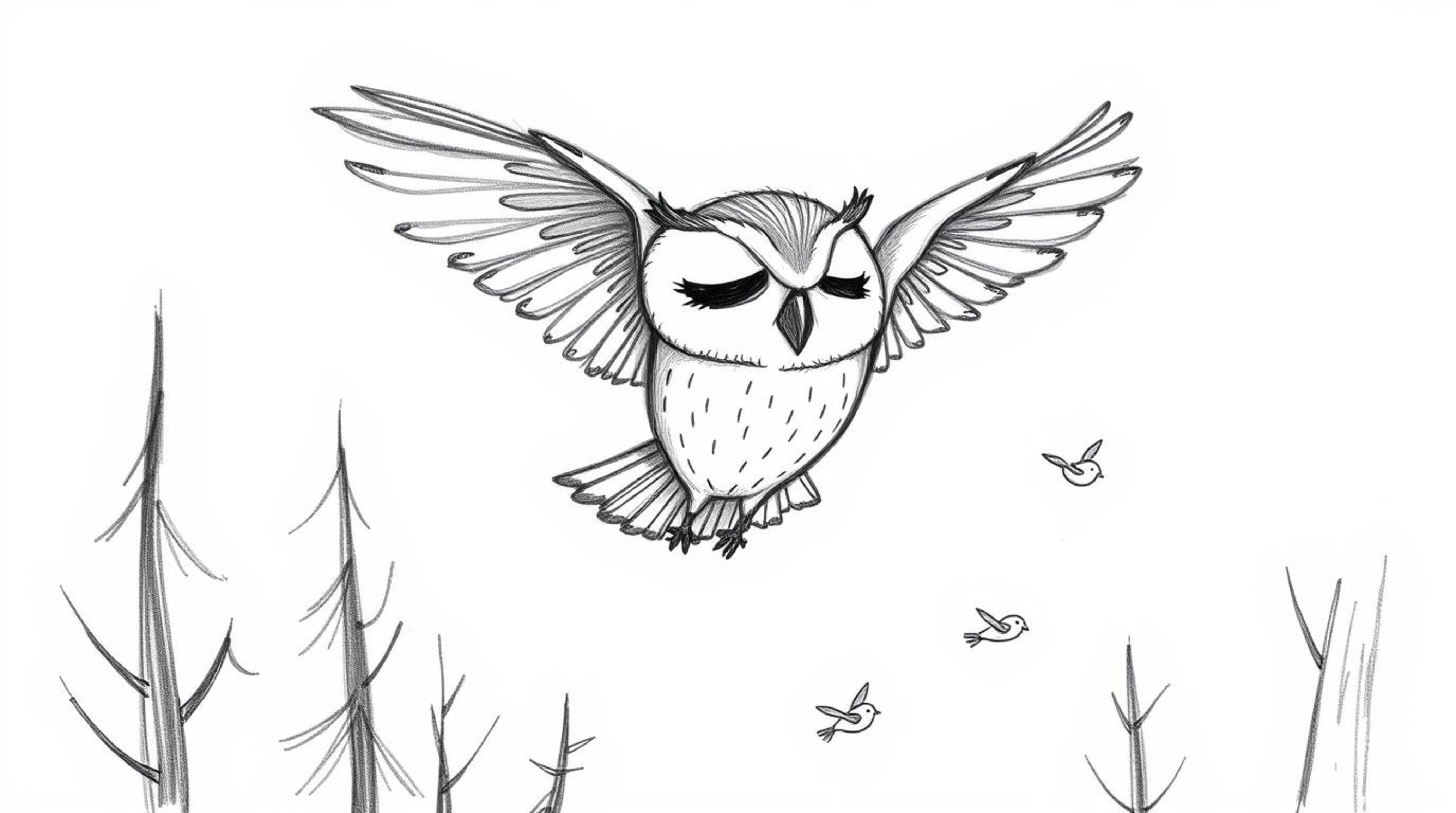 A heartwarming, hand-drawn sketch in the style of Pixar, depicting a serene blind owl with eyes gently closed, gracefully soa