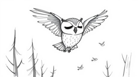 A heartwarming, hand-drawn sketch in the style of Pixar, depicting a serene blind owl with eyes gently closed, gracefully soa