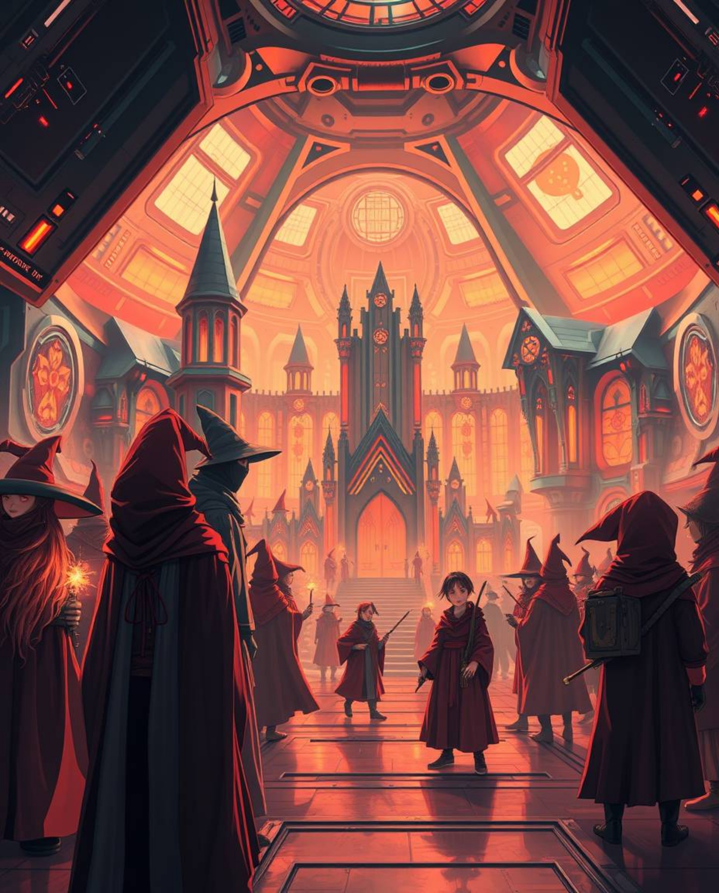 Experience a futuristic rendition of a magical school teeming with young wizards, bathed in warm reds, oranges, and yellows. 