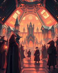 Experience a futuristic rendition of a magical school teeming with young wizards, bathed in warm reds, oranges, and yellows. 