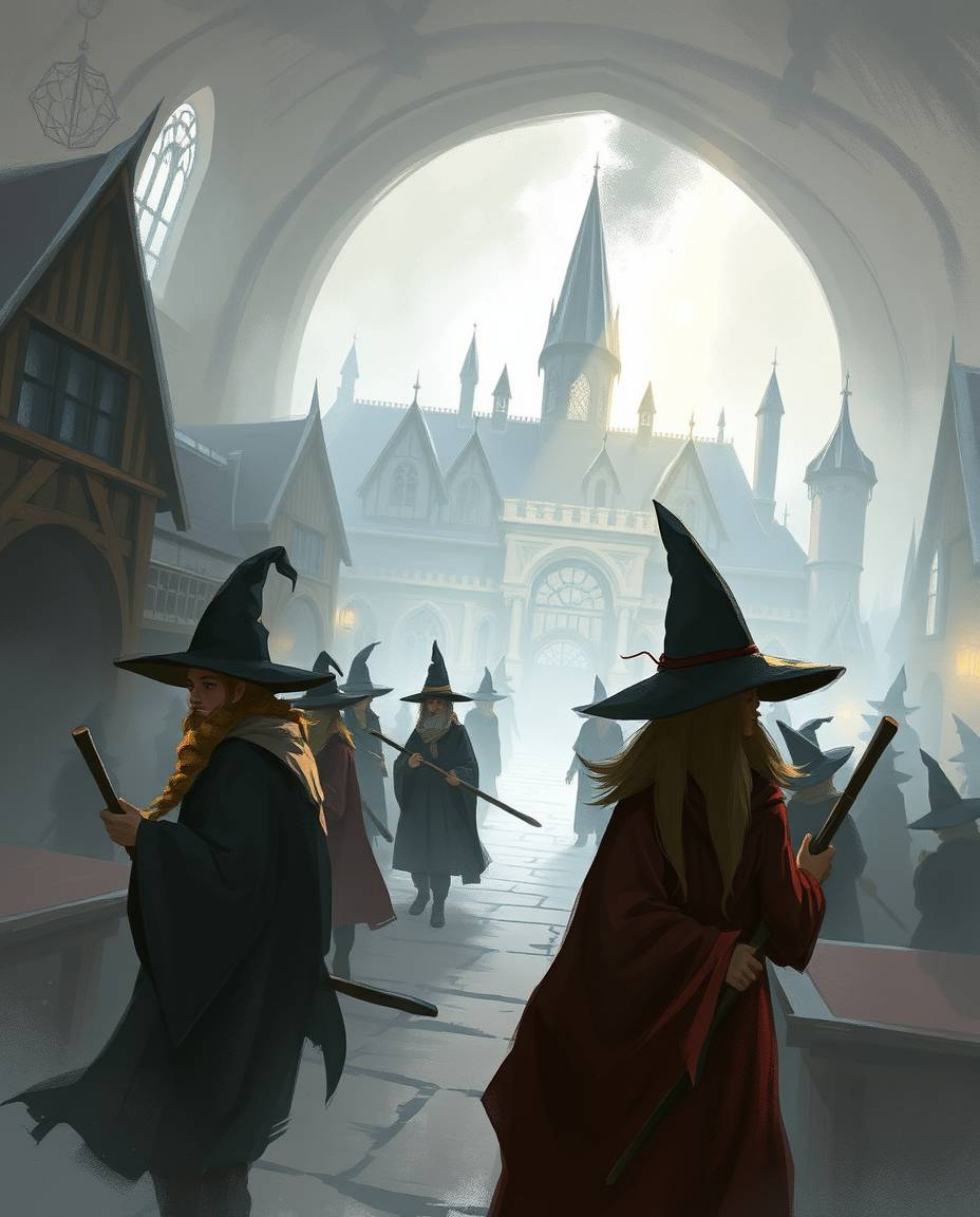 Explore a digital sketch of a magical school bustling with young wizards. This piece employs loose, painterly strokes and a g