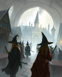 Explore a digital sketch of a magical school bustling with young wizards. This piece employs loose, painterly strokes and a g