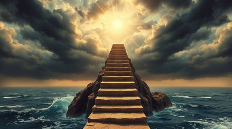 A surreal and dreamlike image depicting a dramatic staircase rising from the ocean towards a stormy sky illuminated by a divi