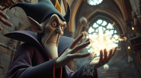 A dreamlike, surreal, and tight close-up shot capturing a classic Disney villain in the act of casting a spell within the age