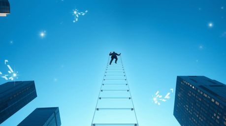 An abstract image depicts a businessperson ascending a transparent ladder that disappears into a vibrant blue sky above tower