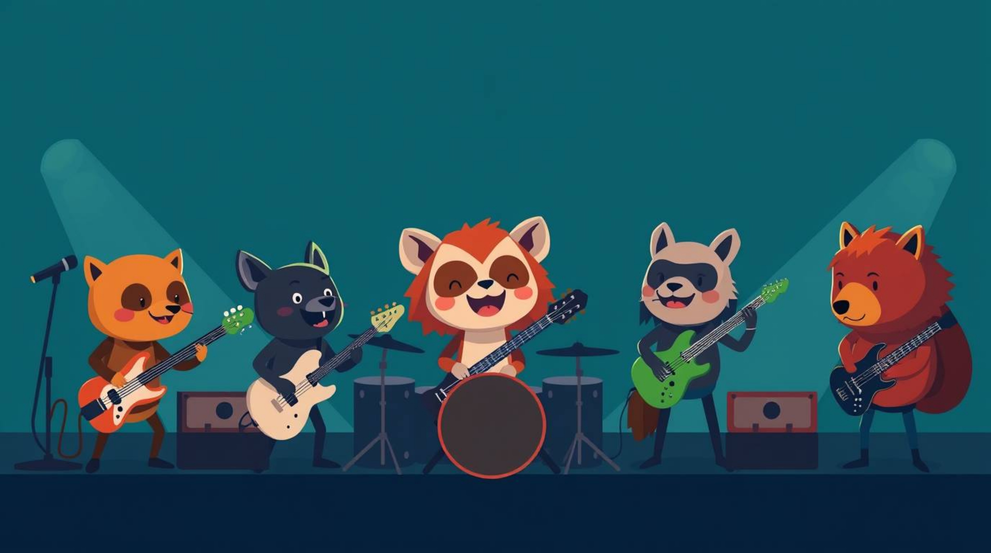 Explore a modern flat design with a cinematic style, showcasing a band of cartoon animals passionately playing rock music. Th