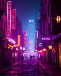 A captivating pixelated glitch art image depicting a cyberpunk street scene bathed in neon haze.  The artwork features a stri