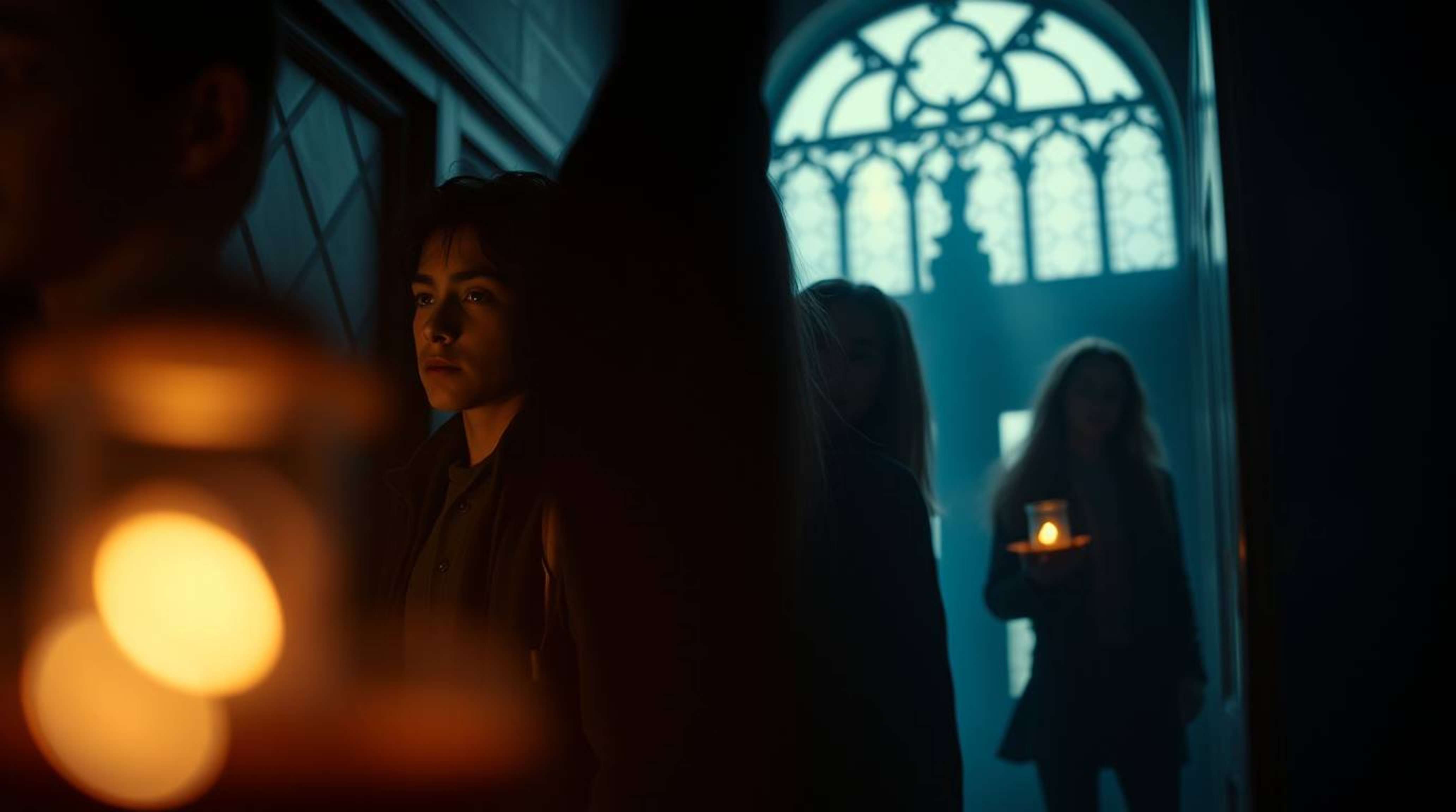 Explore a dramatic, high-contrast, low-key photograph featuring a group of teenagers engrossed in solving mysteries within a 