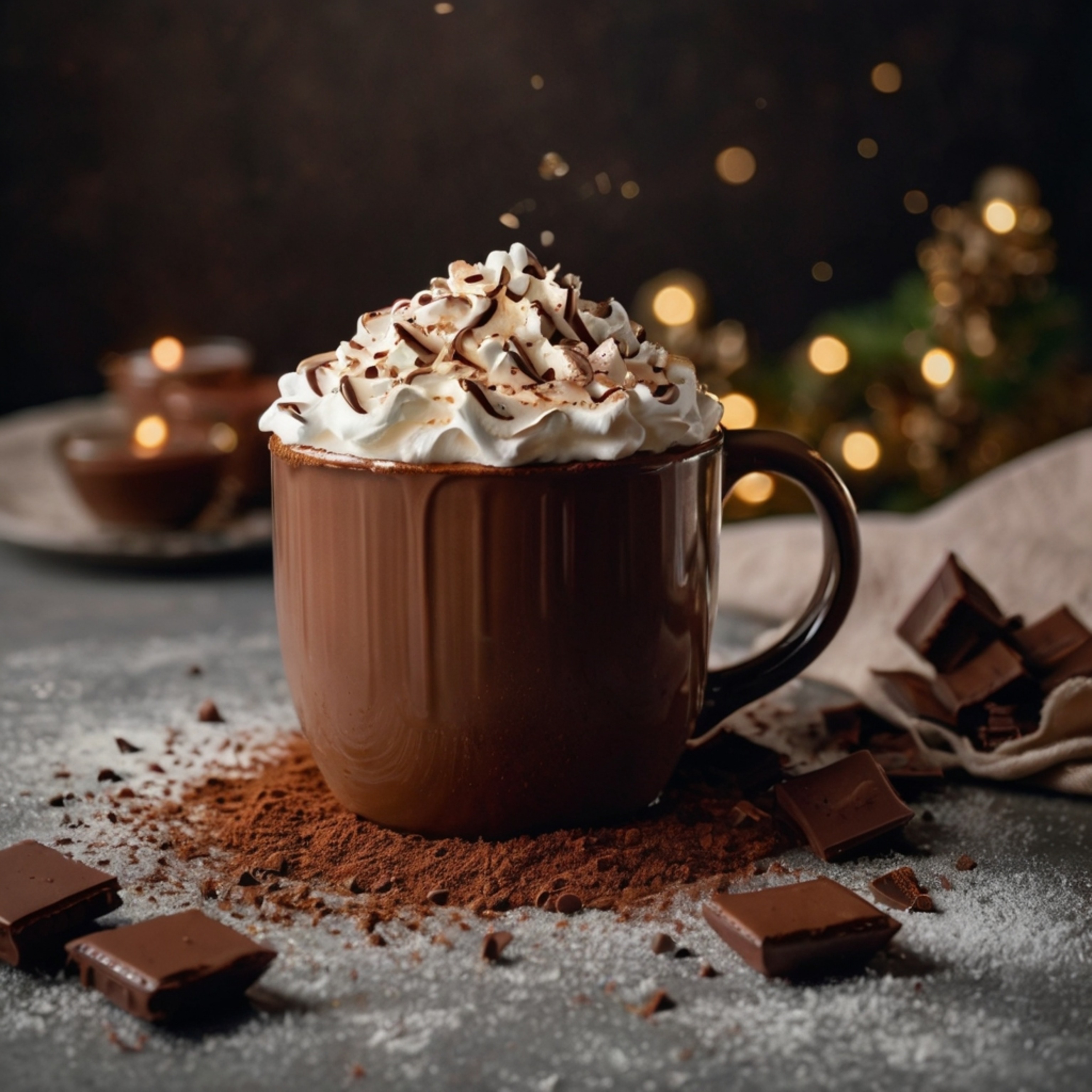 Enjoy the simple pleasures with a ceramic mug filled with warm, comforting hot cocoa. This delicious treat is perfectly topp