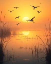 A seamless and dreamlike Golden hour wetlands scene, featuring herons in flight. This image is characterized by a smooth grad