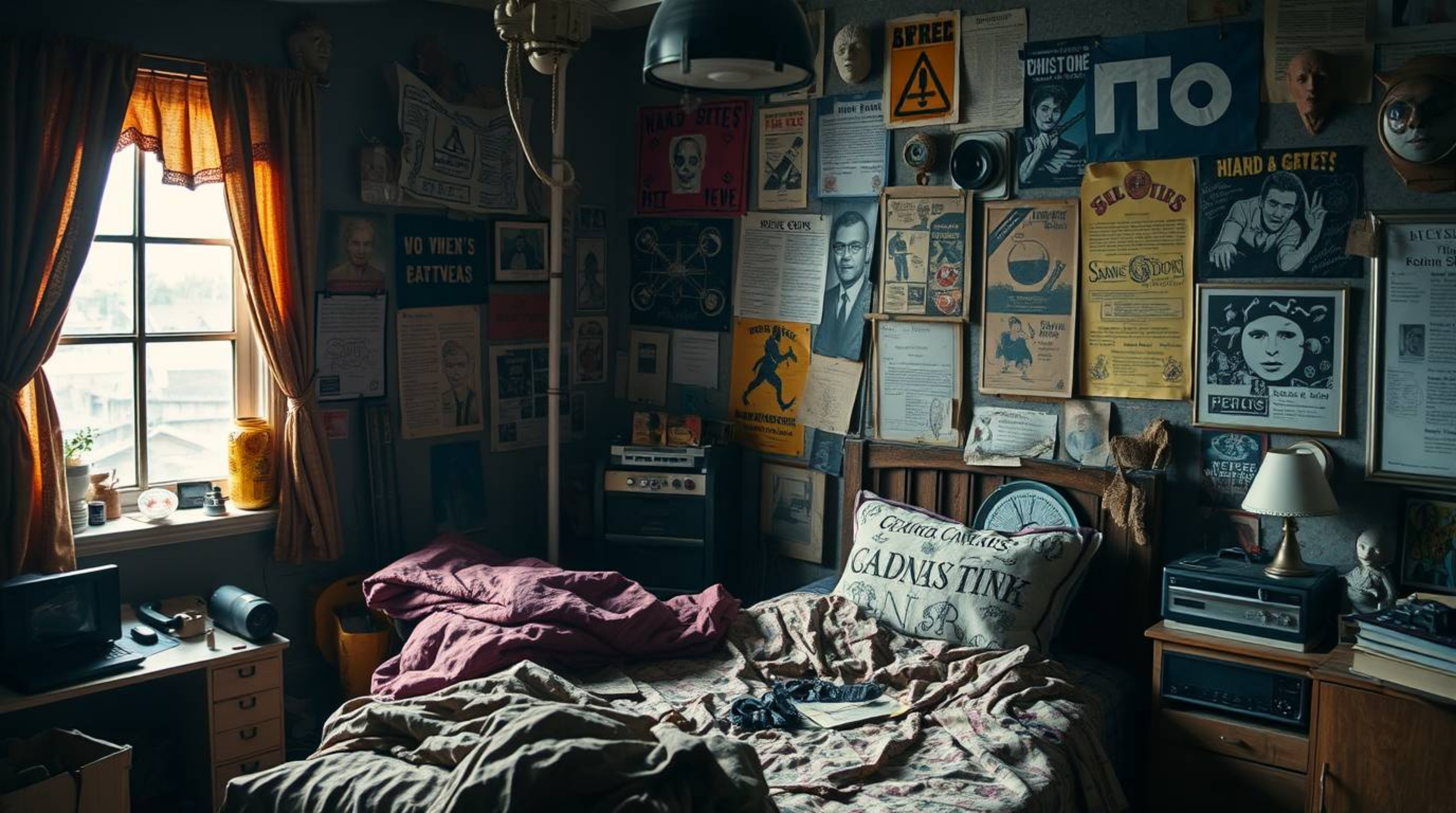 Discover a captivating image of a messy bedroom, sculpted from layered papier-mâché, featuring weird gadgets and posters.  In