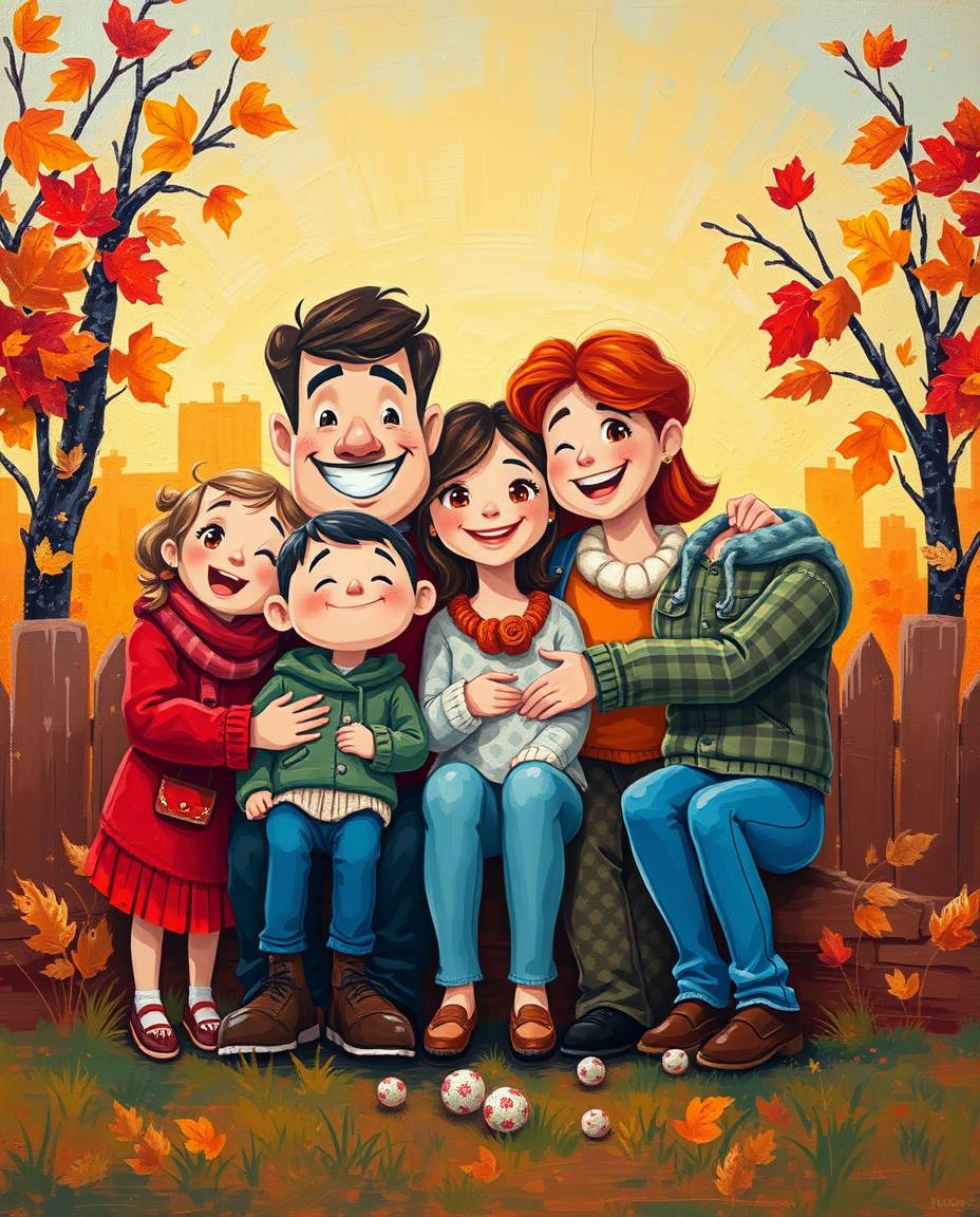 This bold acrylic painting depicts a heartwarming Pixar-style family reunion bathed in warm autumn colors. The vibrant hues a