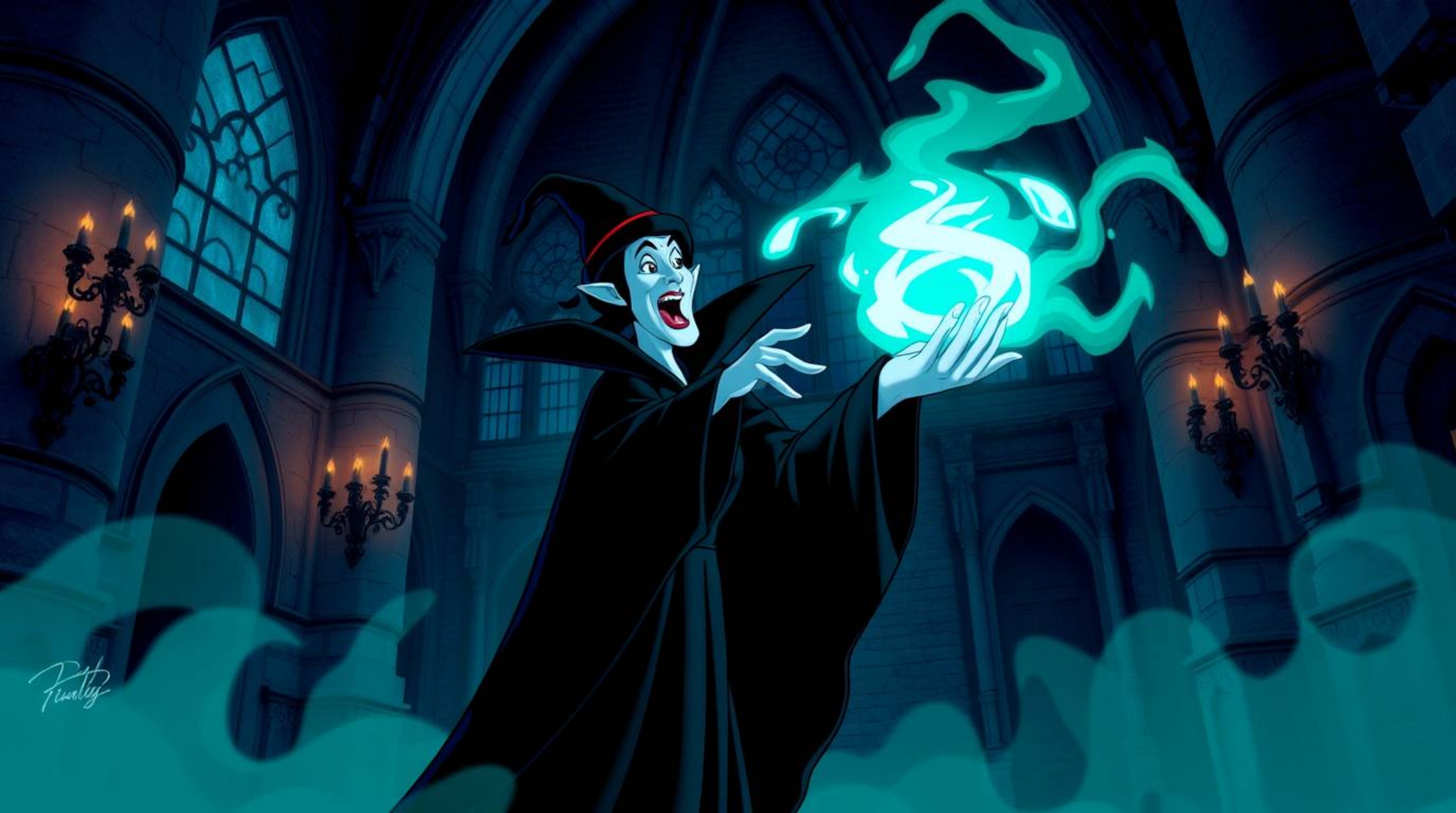 A captivating image of a classic Disney villain casting a spell within the walls of an ancient castle.  The scene is rendered
