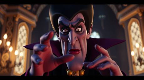 A high-resolution stock photo showcases a classic Disney villain casting a spell within a brightly lit castle.  The image fea