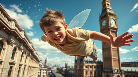 This image captures a precise architectural color photograph of a young boy with sharply defined features and tan skin, soari